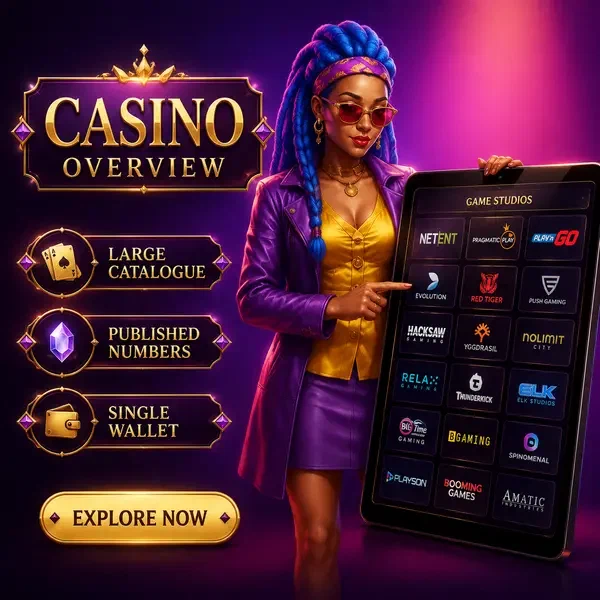 Visão geral do Coolzino Casino com Ace Queen selecionando jogos da coleção de estúdios no tablet