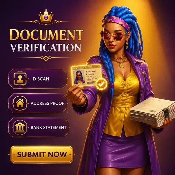 Ás Rainha apresentando documento de identidade na mesa de verificação Coolzino com documentos de aprovação
