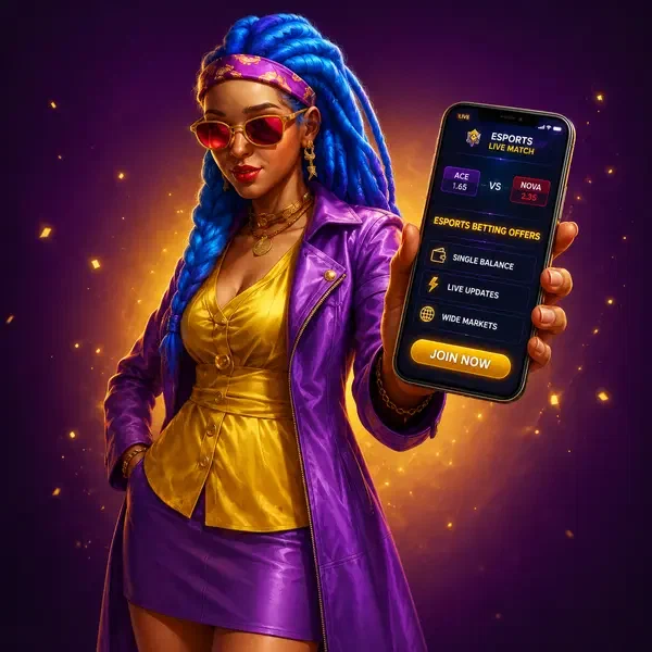 Ace Queen supervisionando odds de apostas em esports no Coolzino com display de smartphone brilhante