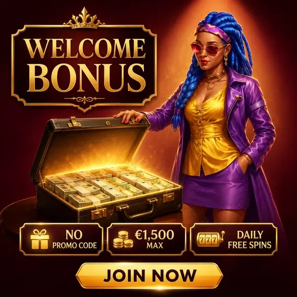 A Rainha Ás revelando o bônus de boas-vindas do Coolzino Casino de uma maleta brilhante de dinheiro