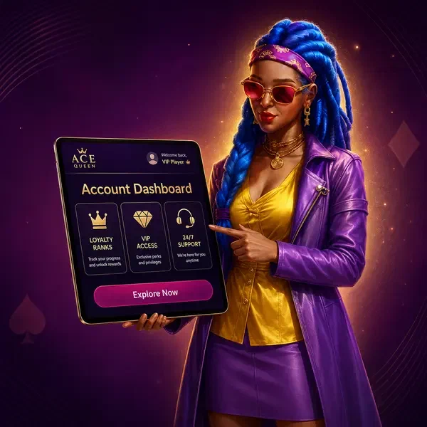 Painel da conta brilhando no tablet enquanto jogador VIP gerencia perfil no Coolzino