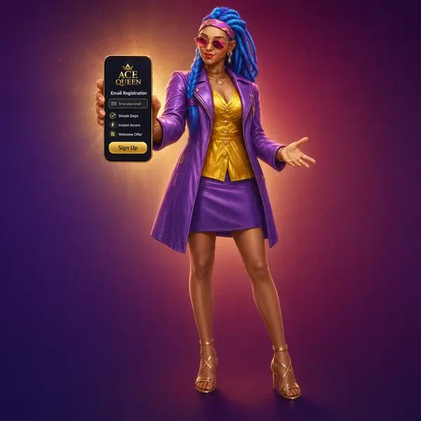 Personagem elegante exibindo formulário de cadastro por e-mail no smartphone no portal de cadastro do Coolzino