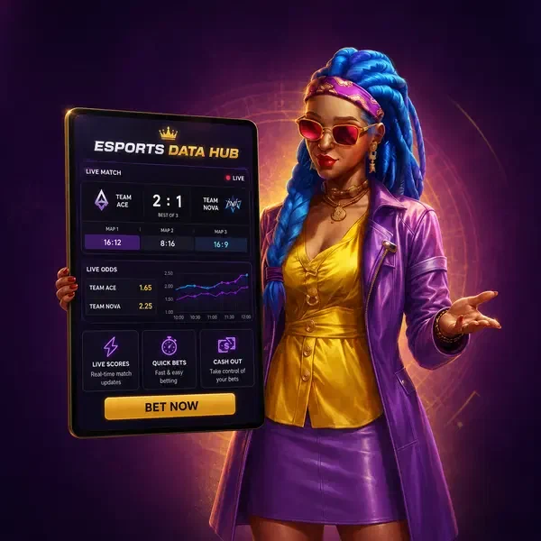 Ace Queen apresentando dados de esports em tablet no portal de Infraestrutura de Dados e Mecânica de Mercado de Esports