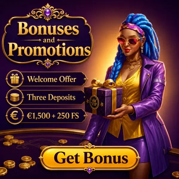Jogador VIP do Coolzino Casino apresentando caixa de presente de bônus com moedas douradas em ambiente violeta elegante