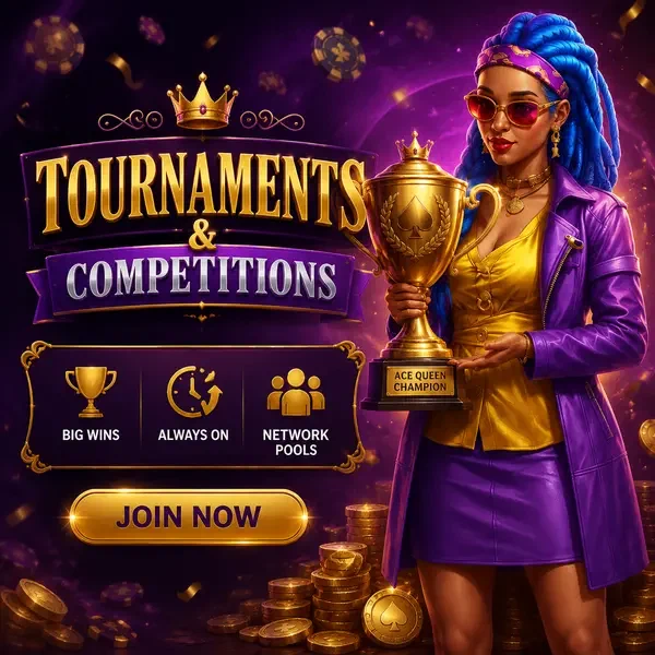 Ace Queen apresentando troféu de torneio nas competições do Coolzino com brilho dourado